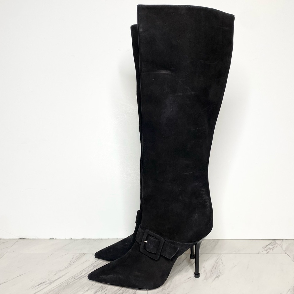 Schutz Mantis Black Nubuck Pointy Toe Heeled Tall Boot 6 1/2 B